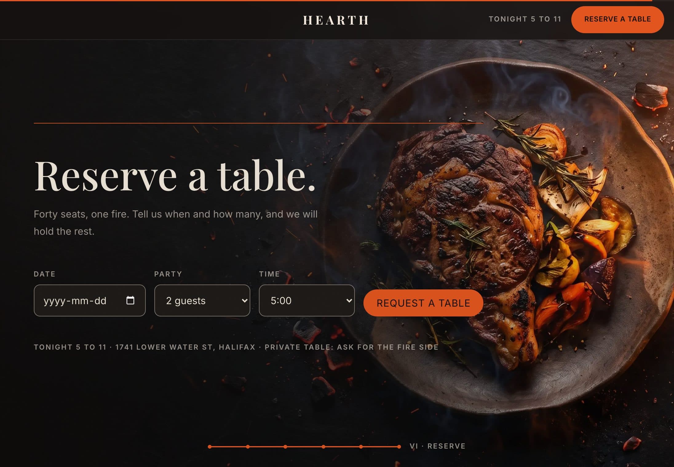 The HEARTH demo reservation section: an obvious next step with date, party, and time.