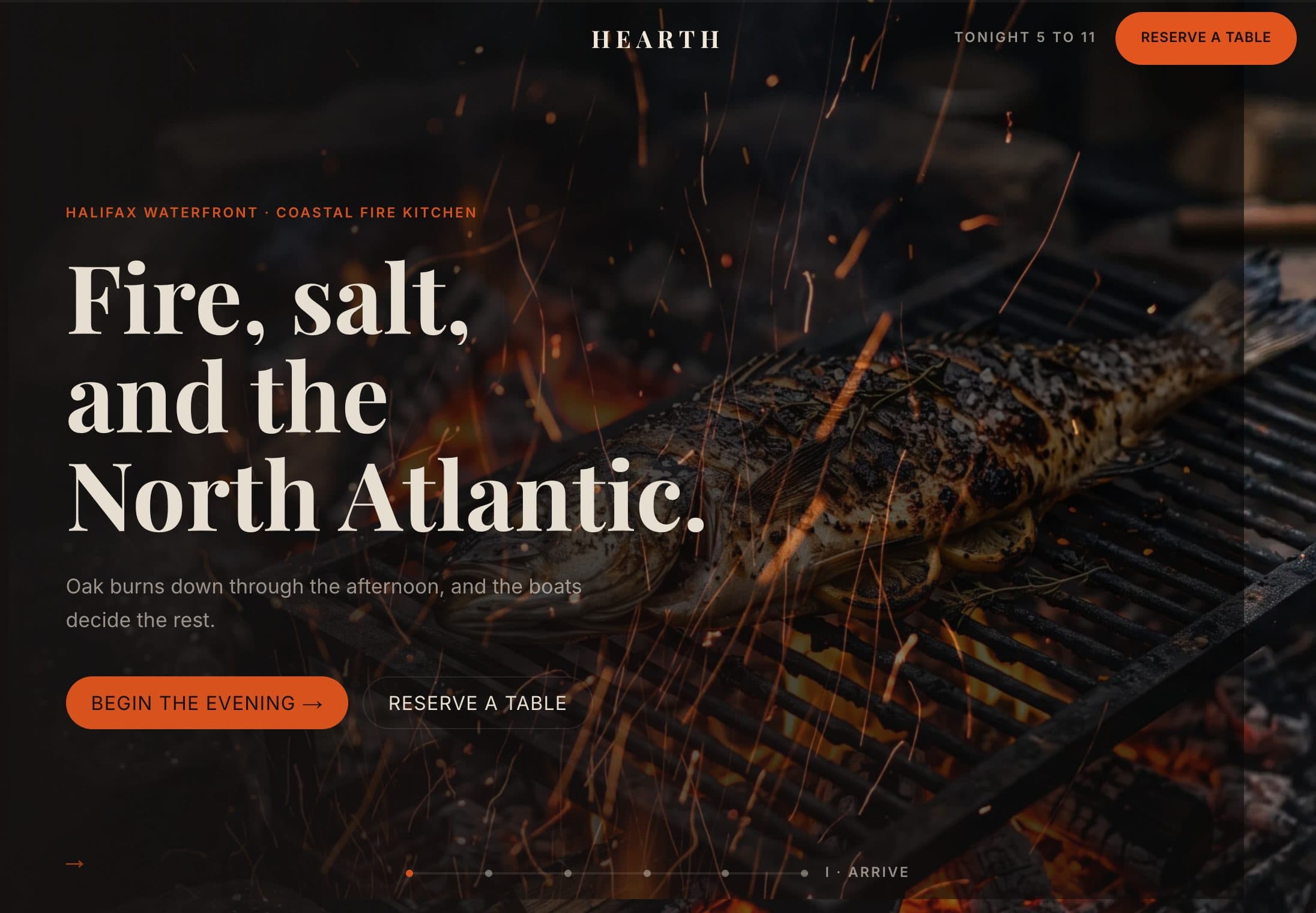 The HEARTH demo homepage: one clear promise, above the fold, on a full-bleed fire photo.