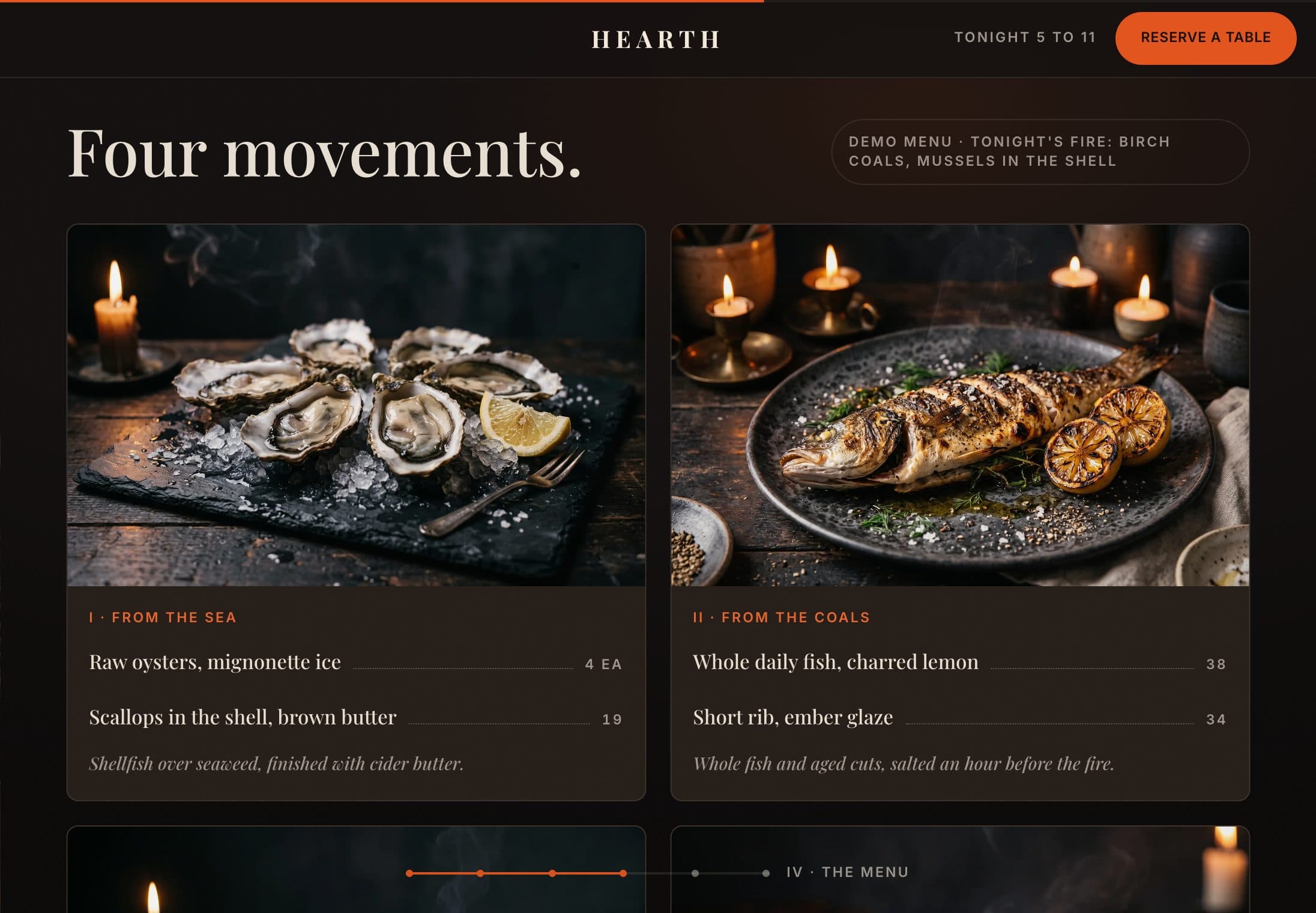 The HEARTH demo menu: real dishes, prices, and honest detail across two courses.