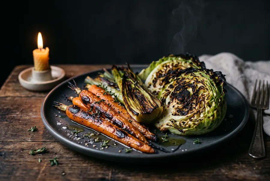Charred vegetables finished over coals.