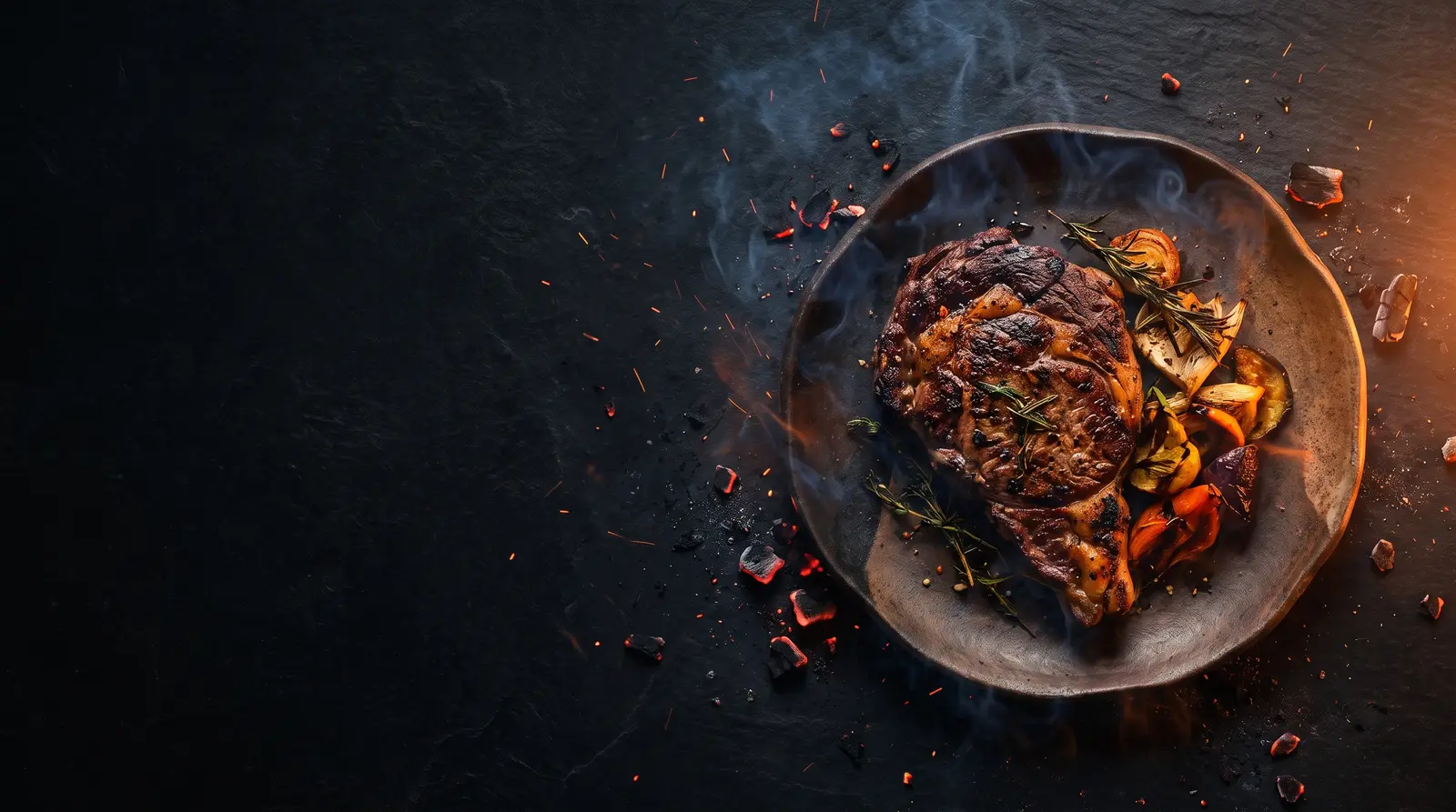 Charred dish on a ceramic plate, embers scattered across dark slate