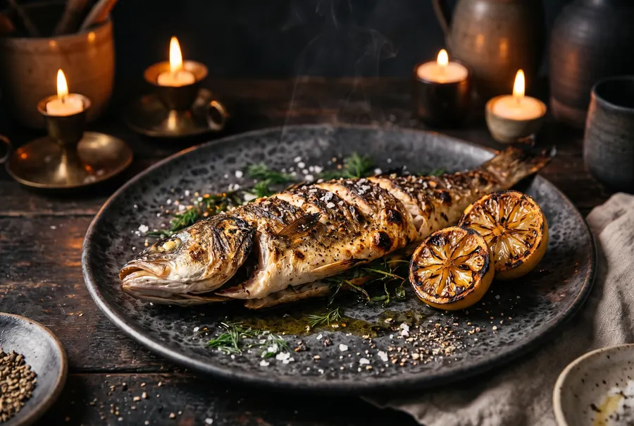 Whole wood-grilled fish with charred lemon.