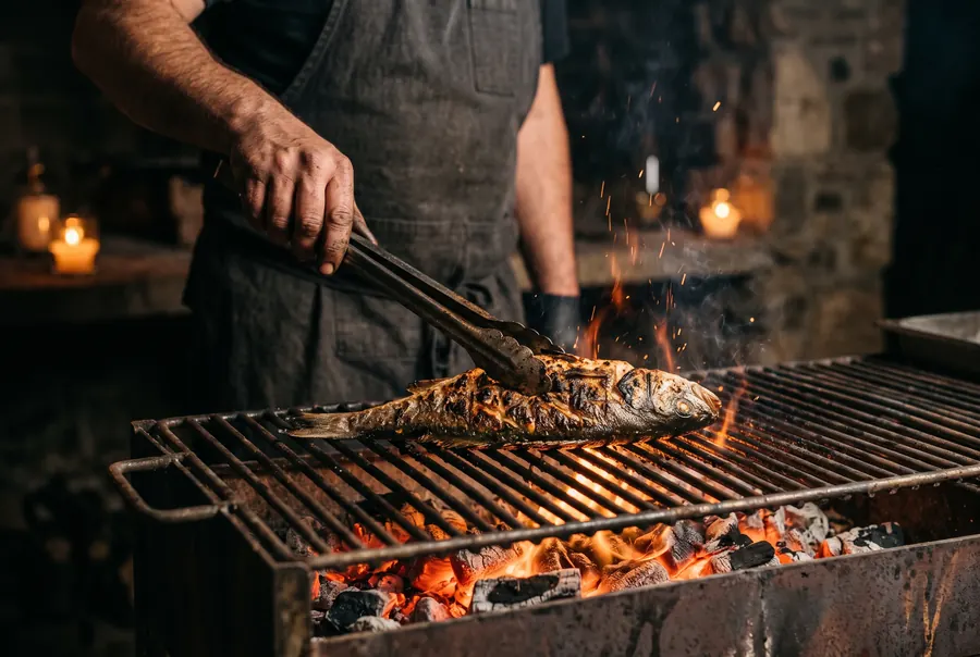 A cook turning a whole fish on the grate with long tongs.