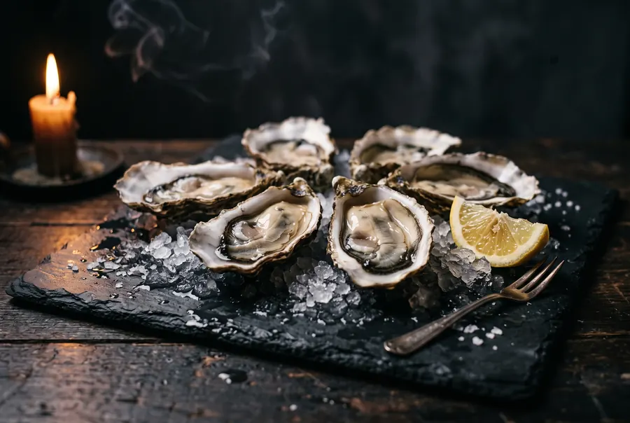 Oysters on crushed ice in low candlelight.