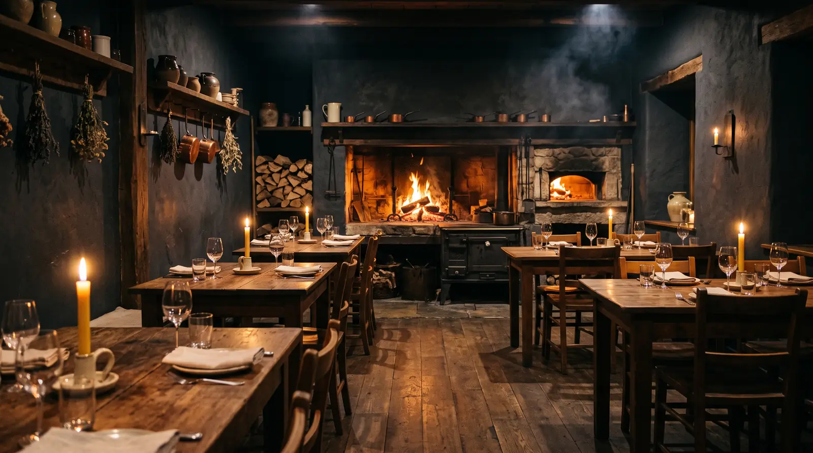 The HEARTH dining room at night, lit by the open hearth and candles.