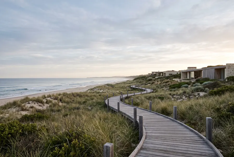 A timber boardwalk through coastal grasses to the shore.