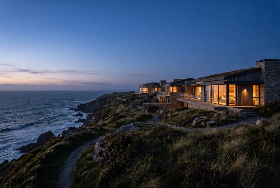 The Bluff Residences exterior at dusk, limestone and glass glowing warm.