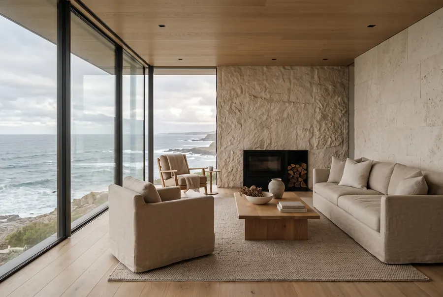 A warm minimal living room facing the Atlantic.